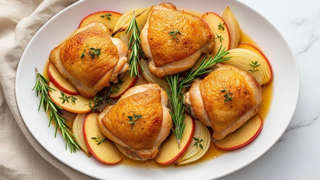 A white round plate holds four pieces of golden-brown, crispy chicken thighs arranged evenly. Underneath and around the chicken, there are layers of soft, caramelized onion wedges and tender apple slices with their skins showing a warm yellow and red color. The dish is garnished with fresh green rosemary sprigs and small thyme leaves scattered on top. A light brown sauce glistens at the bottom of the plate, adding shine to the chicken and apples. The plate sits on a white marbled surface with a beige cloth napkin partly visible on one side. photo taken with an iphone --ar 4:5 --v 7