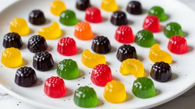A close-up view of many colorful gummy candies scattered evenly across a white plate on a white marbled surface. The candies are small, shiny, and semi-transparent with different shapes such as fruits and other objects. The colors include dark purple, bright red, orange, yellow, and green, each with a smooth and slightly glossy texture that catches the light, giving a fresh and appealing look. The plate has tiny dark specks adding subtle contrast beneath the gummies. photo taken with an iphone --ar 4:5 --v 7