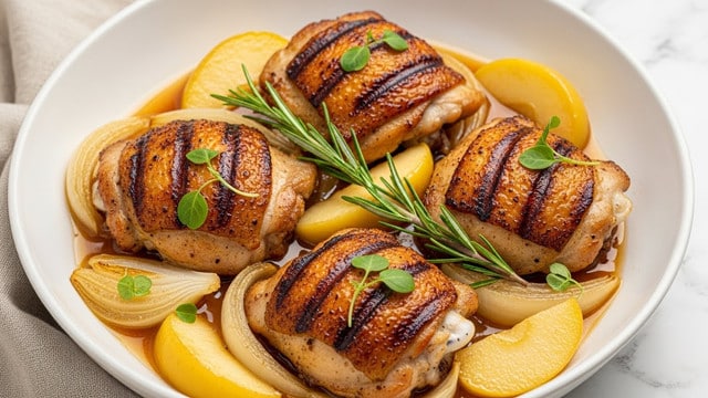 The dish shows four browned, grilled chicken thighs with a crispy texture on top, placed in a white shallow bowl. Underneath and around the chicken thighs are cooked onion slices with a translucent, slightly caramelized look, and apple wedges with golden edges and soft centers, all sitting in a light brown sauce. Fresh green sprigs of rosemary and small green herb leaves are scattered on the chicken and vegetables, adding color and freshness to the dish. The bowl is set on a white marbled surface, with part of a beige cloth visible at the bottom left corner. Photo taken with an iphone --ar 4:5 --v 7