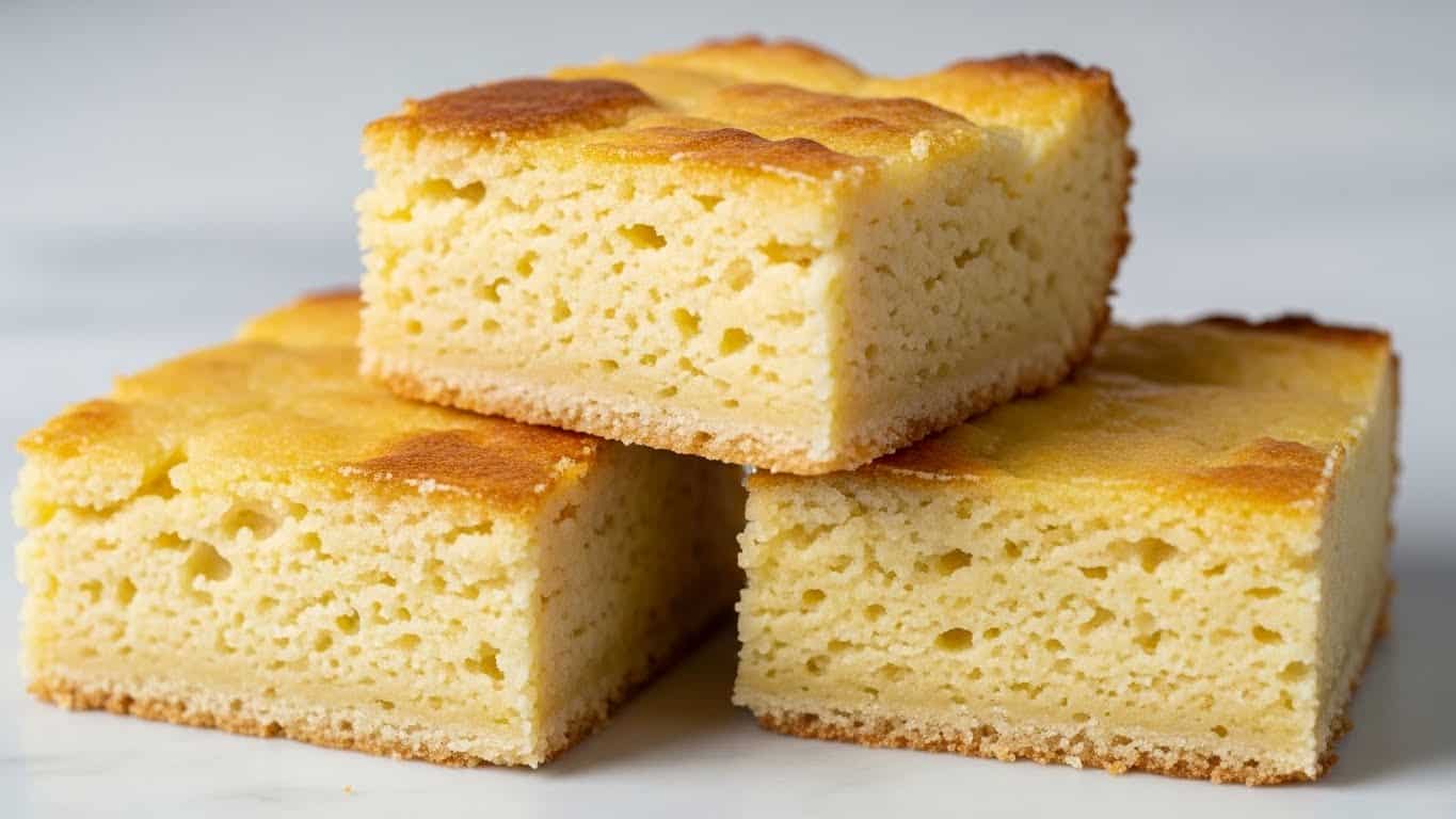 Three square pieces of a light yellow baked dessert are stacked unevenly on a white marbled surface. Each piece shows a crumbly, soft texture with small holes and an uneven top. The edges are slightly browned, especially on the top of the uppermost piece. The overall color is pale yellow to creamy with a slightly rough texture, and the lighting is soft, coming from the side. photo taken with an iphone --ar 4:5 --v 7