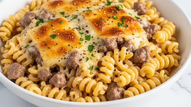 A close-up view of a creamy pasta dish served in a white bowl, filled to the brim with short, twisty fusilli pasta coated in a thick, pale yellow cheese sauce mixed with small chunks of browned meat. The top layer shows patches of golden brown, slightly crispy melted cheese, sprinkled with chopped green herbs and tiny black pepper flecks, giving a rich and textured look. The bowl sits on a white marbled surface, emphasizing the dish’s warm and inviting appearance. photo taken with an iphone --ar 4:5 --v 7