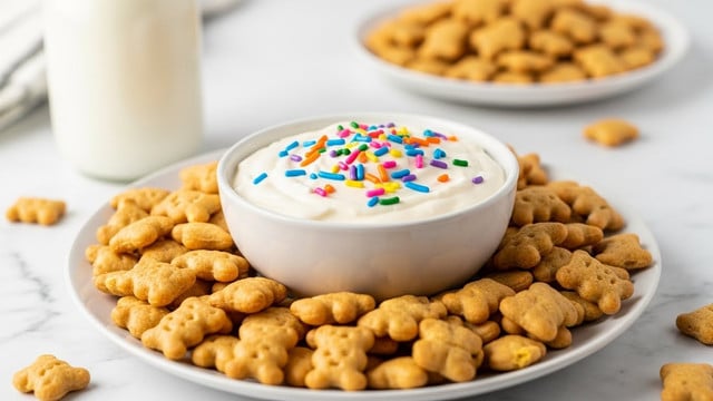 A white plate is filled with small, light brown teddy bear-shaped crackers that have a crunchy texture. In the middle of the plate, a white bowl holds thick, smooth white dip topped with colorful rainbow sprinkles in orange, blue, pink, purple, green, and yellow. In the background, there is a tall glass bottle filled with white milk and a blurred white plate with more crackers. The whole scene is set on a white marbled surface. photo taken with an iphone --ar 4:5 --v 7
