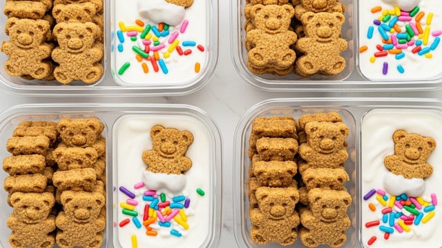 The image shows four clear plastic containers, each divided into two sections. One section in each container holds light brown teddy bear-shaped cookies with a textured, crumbly surface, stacked closely together. The other section contains white creamy yogurt topped with colorful, cylindrical sprinkles scattered on the surface. A single teddy bear cookie is partially dipped or resting on top of the yogurt in three of the containers. The background is a white marbled texture. photo taken with an iphone --ar 4:5 --v 7