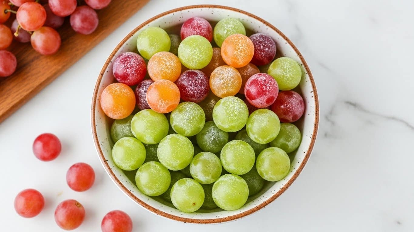A white bowl with a speckled brown rim is filled with two layers of round, colorful grapes. The bottom layer has mostly green grapes with a smooth, slightly frosty texture, while the top layer has a mix of green, yellow, orange, and pink grapes, all lightly dusted with white powder. Around the bowl, on a white marbled surface, there are several pink grapes scattered near a wooden board. Photo taken with an iphone --ar 4:5 --v 7