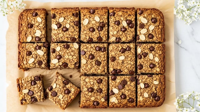 A rectangular tray of 16 square oat and chocolate chip bars sits on light brown parchment paper over a white marbled surface. Each bar shows a rough texture with golden-brown oat dough sprinkled with visible chocolate chips and small white flakes. Two bars are slightly pulled out on the bottom left, showing the soft, dense inside with the same oat and chocolate chip mix. In the top right and bottom right corners of the image, delicate white flowers add a soft decorative touch. photo taken with an iphone --ar 4:5 --v 7