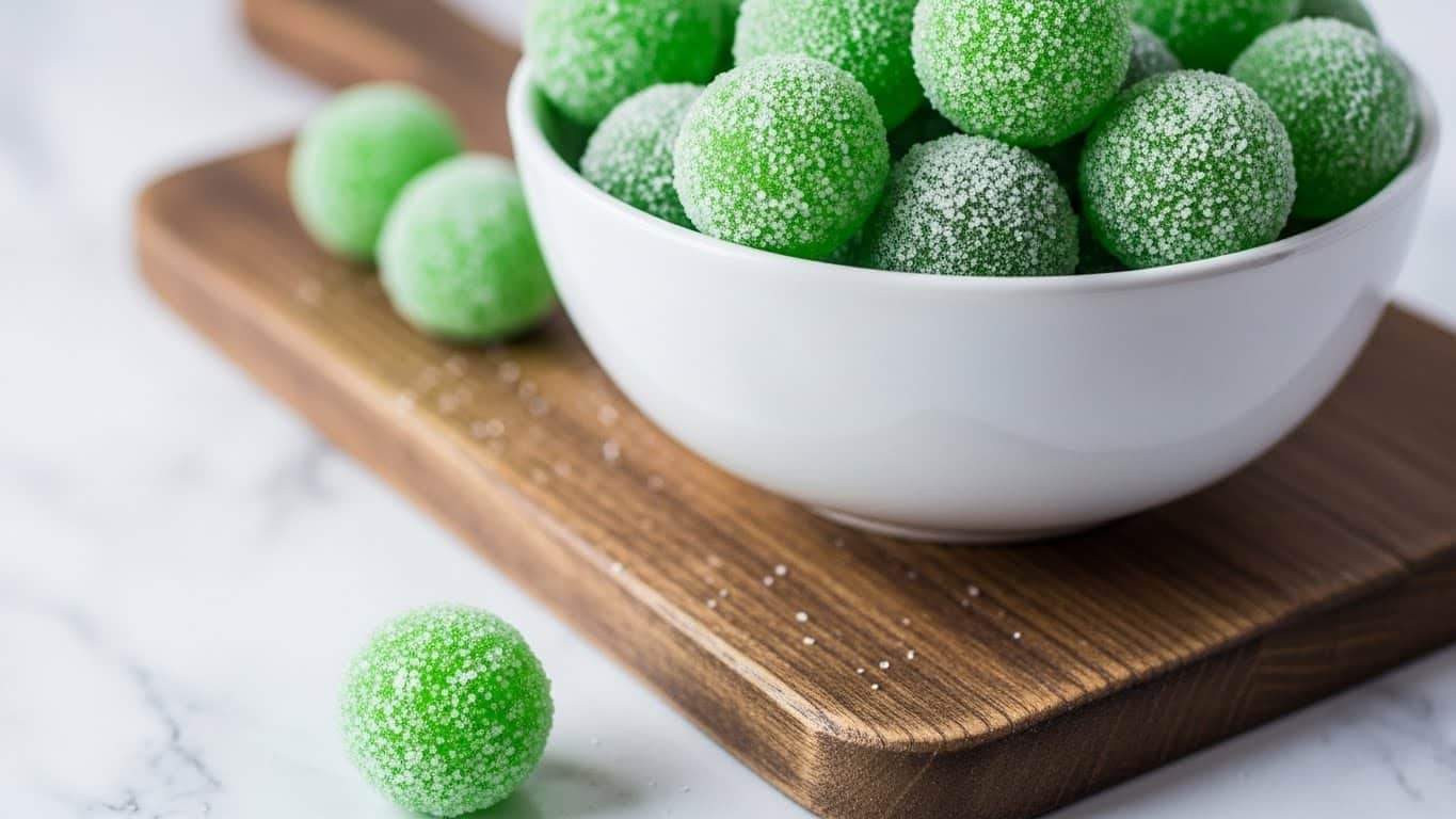 A white bowl filled with bright green round candies covered lightly with white granulated sugar, making the surface look bumpy and frosty, sits on a wooden board over a white marbled texture surface, with one candy resting outside the bowl in the foreground. photo taken with an iphone --ar 4:5 --v 7