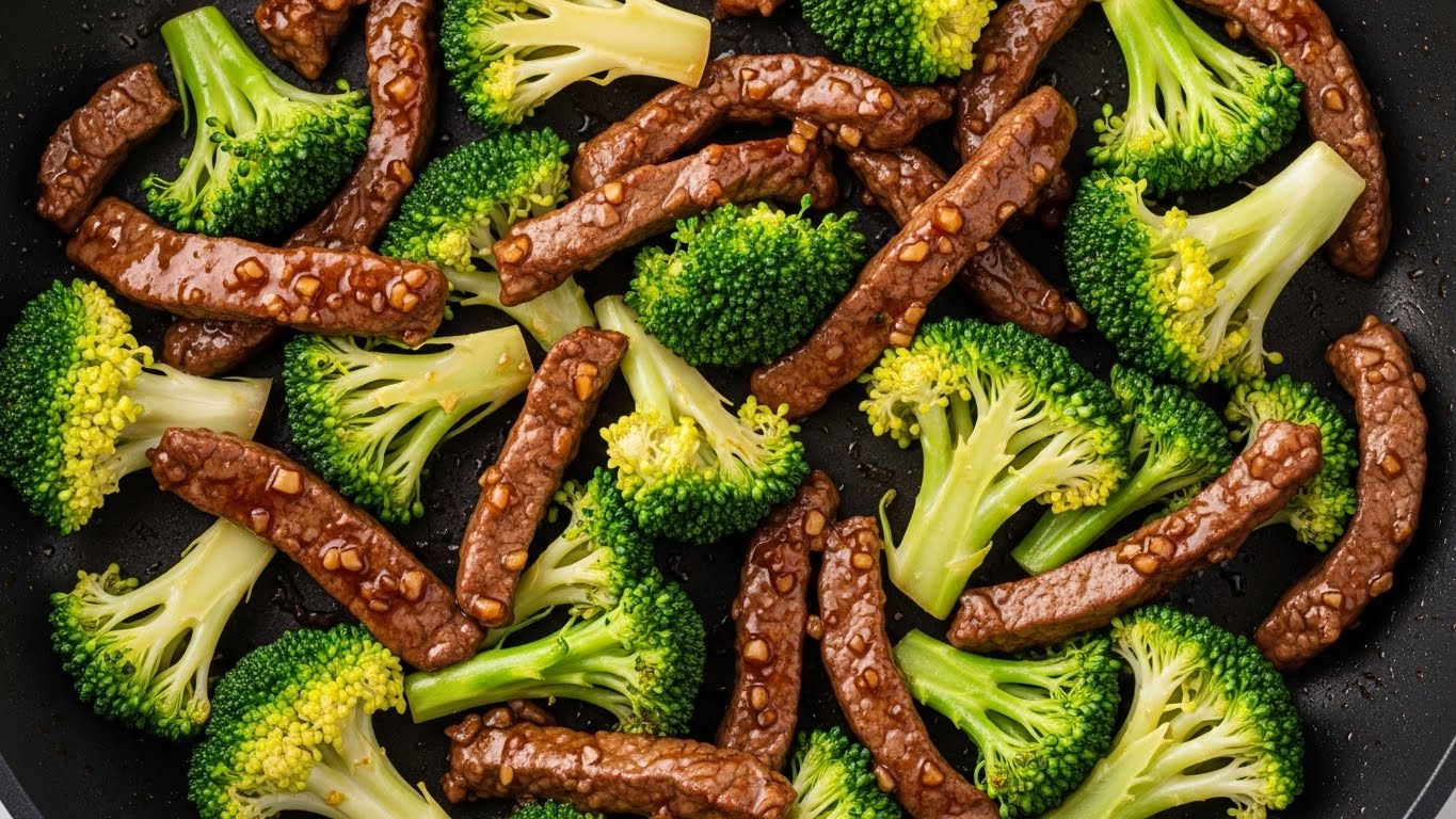 A close-up top view of a stir-fry dish in a black pan, showing thin slices of cooked brown beef mixed evenly with bright green broccoli florets. The beef pieces have a glossy, slightly sticky dark brown sauce coating, with small bits of garlic visible throughout. The broccoli heads are tender but still vibrant, with some parts slightly cooked to a lighter green. The ingredients are spread in a single layer, filling the pan evenly. Photo taken with an iphone --ar 4:5 --v 7