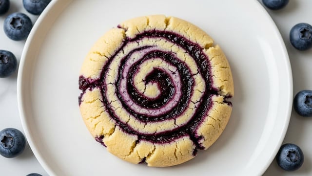 A single round blueberry swirl cookie with a cracked golden-brown surface sits in the center of a white plate. The cookie has two visible layers: a soft, crumbly pale yellow dough base and a thick, shiny deep purple blueberry jam swirled artistically on top in a spiral pattern. Around the cookie, fresh whole blueberries rest on a white marbled surface, adding a natural touch. The lighting highlights the texture contrast between the smooth jam and rough cookie edges. Photo taken with an iphone --ar 4:5 --v 7