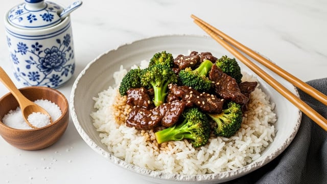 The image shows a bowl with a rough edge filled with white rice as the first layer, topped with a glossy mixture of dark brown beef strips and bright green broccoli florets as the second layer. Beside the bowl, there are wooden chopsticks resting diagonally on the edge, and to the left, a small wooden bowl with coarse salt and a wooden spoon sits next to a white porcelain jar with blue floral patterns and a small dark lid. The background is a white marbled texture with a folded dark gray cloth partially visible at the bottom right corner. photo taken with an iphone --ar 4:5 --v 7