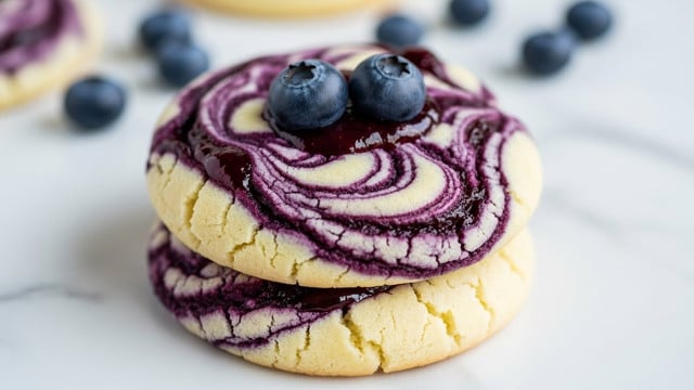 Two soft, round cookies are stacked on top of a white marbled surface. Each cookie has a cracked, light golden base layer with a swirled layer of glossy purple blueberry jam on top, creating a marbled effect with the pale cookie dough. The top cookie is garnished with two fresh, plump blueberries resting in the center of the jam swirl, with more blueberries scattered softly blurred in the background. photo taken with an iphone --ar 4:5 --v 7