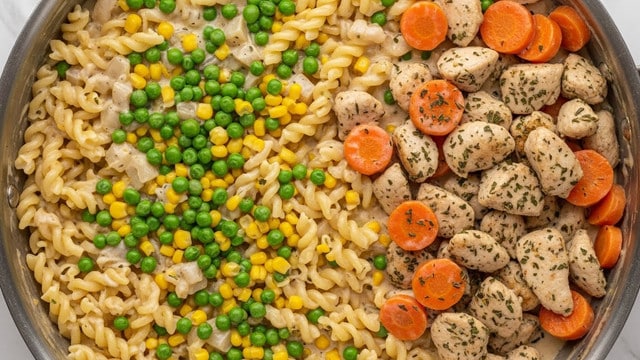 A close-up view of a large metal skillet filled with creamy pasta. The dish has three main layers: a base of twisted rotini pasta in a pale yellow color covered in a creamy, light beige sauce; scattered bright green peas and small yellow corn kernels; and soft, medium-sized pieces of cooked chicken, light brown with herbs sprinkled on top, mixed with round orange carrot slices. The sauce is smooth and coats all ingredients evenly. The skillet is placed on a surface with a white marbled texture. photo taken with an iphone --ar 4:5 --v 7