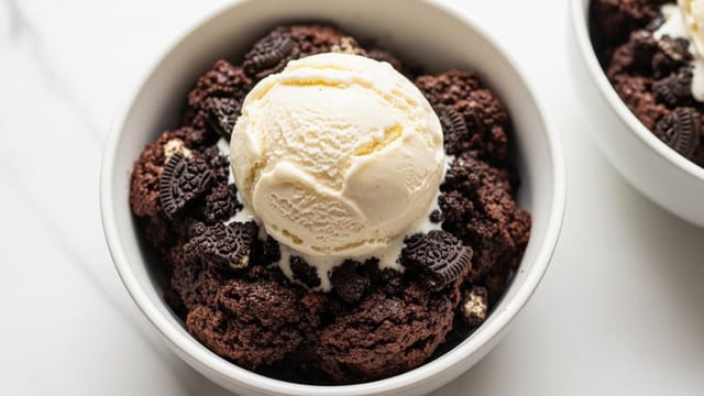 A white bowl filled with a dark chocolate brownie base that looks moist and chunky, mixed with pieces of crushed cookies creating a textured, rough surface. On top, there is a smooth, round scoop of creamy vanilla ice cream with a pale off-white color, slightly melting into the warm brownie underneath. The bowl is set on a white marbled surface, and a second similar bowl is partly visible to the side. photo taken with an iphone --ar 4:5 --v 7