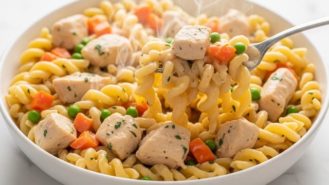 A close-up of a large white bowl filled with creamy pasta made of twisted egg noodles coated in a light beige sauce, mixed with large chunks of cooked chicken, small green peas, and diced orange carrots. Steam rises gently from the warm dish, showing its freshness. A fork lifts a portion of the pasta from the bowl, showing the thick sauce clinging to the noodles, chicken, and vegetables. The whole bowl rests on a white marbled surface, highlighting the warm colors of the creamy pasta. photo taken with an iphone --ar 4:5 --v 7