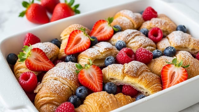 A white baking dish filled with a layered dessert, starting with a base of golden-brown croissant pieces that look crispy and soft inside. Scattered among the croissants are fresh red strawberries, red raspberries, and dark blue blueberries, adding bright pops of color. The dish is dusted lightly with powdered sugar, giving a fine white layer over the fruit and croissants. The background shows a white marbled texture, and there are whole strawberries blurred in the back. photo taken with an iphone --ar 4:5 --v 7