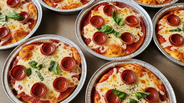 The image shows several small round pizzas in silver foil cups, each with a golden-brown melted cheese layer on top, sprinkled with small pieces of pepperoni and fresh green basil leaves. The cheese is bubbly and slightly browned in spots, with a crispy edge around the cup, and the pepperoni pieces add a reddish contrast against the creamy white cheese. The pizzas rest on a white marbled surface. Photo taken with an iphone --ar 4:5 --v 7