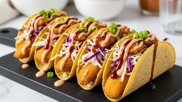 A row of five crispy tacos is placed tightly on a black serving board, each taco shell golden brown and crunchy. Inside each shell, a layer of fried golden fish strips sits at the bottom, topped with shredded white and purple cabbage, adding fresh green and violet colors. Thin slices of bright green onions are sprinkled over the cabbage, creating a fresh contrast. The tacos are finished with a drizzle of two sauces, one creamy light beige and the other dark brown, running across the top and dripping slightly onto the board. The background shows blurred white bowls and a glass on a white marbled surface. Photo taken with an iphone --ar 4:5 --v 7