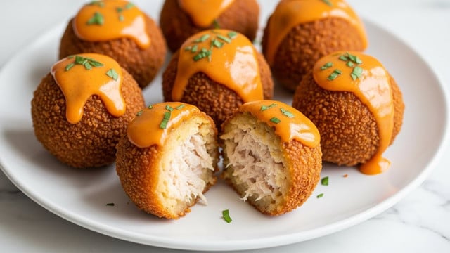 The image shows several round, golden-brown fried balls arranged on a white plate. Each ball has a crispy, textured outer layer and is topped with a smooth, bright orange sauce that drips slightly down the sides. One ball is cut open, revealing white shredded chicken inside. Small green herb pieces are sprinkled over the balls and plate. The plate rests on a white marbled surface. photo taken with an iphone --ar 4:5 --v 7