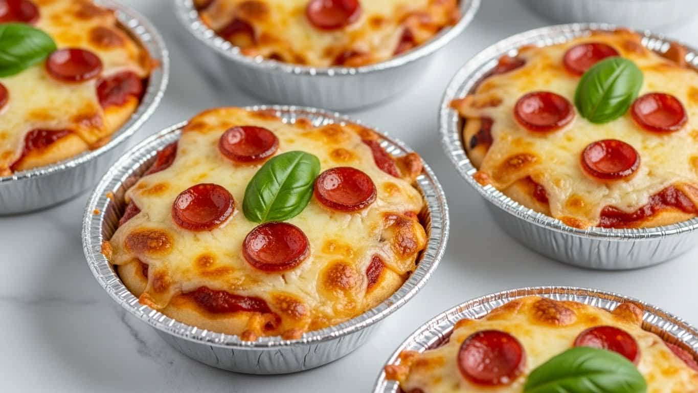 Six small round pizzas are shown in silver foil pans placed on a wood-textured surface. Each pizza has a browned and bubbly melted cheese layer on top with scattered small pepperoni slices that have curled edges. There are fresh green basil pieces scattered on the cheese surface along with some black pepper seasoning. The crust edges are golden brown, showing a slight crispness. The pizzas are arranged close to each other in a casual manner. Bright lighting highlights the textures and colors clearly. Photo taken with an iphone --ar 4:5 --v 7
