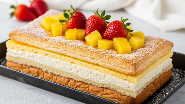 The image shows a square pastry dessert with four layers starting from the bottom: a thick golden-brown flaky pastry base, a thick layer of white whipped cream with a smooth texture, a shiny yellow custard layer, and the top layer made of a golden-brown puff pastry crust folded at the corners. The top is decorated with pieces of pale yellow pineapple and bright red strawberries, some sliced in half, with a light dusting of powdered sugar. The dessert is placed on a dark baking tray set on a white marbled texture surface with blurred lemons and strawberries in the background. Photo taken with an iphone --ar 4:5 --v 7