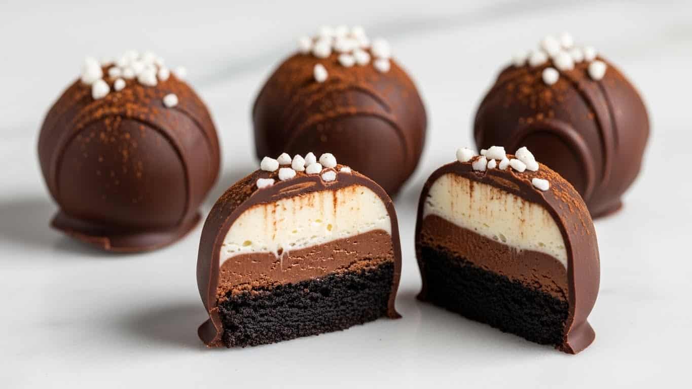 Four round chocolate-covered desserts sit on a white marbled surface. Three are whole, showing a smooth, dark chocolate shell topped with a dusting of light brown cocoa powder mixed with small chocolate crumbs. One dessert is cut in half in the front, revealing three distinct layers inside: a thick creamy white top layer with a smooth texture, a middle layer of dark brown moist cake, and another thin white creamy layer just above a bottom layer of the same dark brown cake. The chocolate coating is thin but firm, covering the entire outside. Photo taken with an iphone --ar 4:5 --v 7