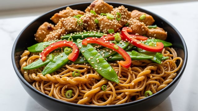 A black bowl filled with three main layers: the bottom layer has thin, shiny, golden-brown noodles twisted and spread up to the edges; the middle layer has bright green snap peas and thin, curved red pepper strips scattered among the noodles; the top layer shows tender, light-brown chicken pieces mixed with sesame seeds sprinkled over everything. The dish looks glossy with sauce coating the ingredients, and small green onion bits are spread for extra color. The bowl sits on a white marbled surface near a window with soft natural light. photo taken with an iphone --ar 4:5 --v 7