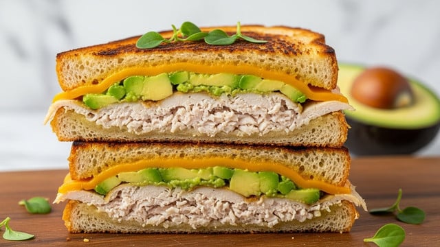 A toasted sandwich cut in half and stacked, showing three layers: golden-brown grilled bread with a slightly charred texture on the outside, a layer of melted bright orange cheddar cheese, tender shredded white chicken meat, and a spread of chunky green avocado. Small green herb leaves are scattered on top and around the sandwich on a wooden board, with a blurred avocado half in the white marbled background. photo taken with an iphone --ar 4:5 --v 7