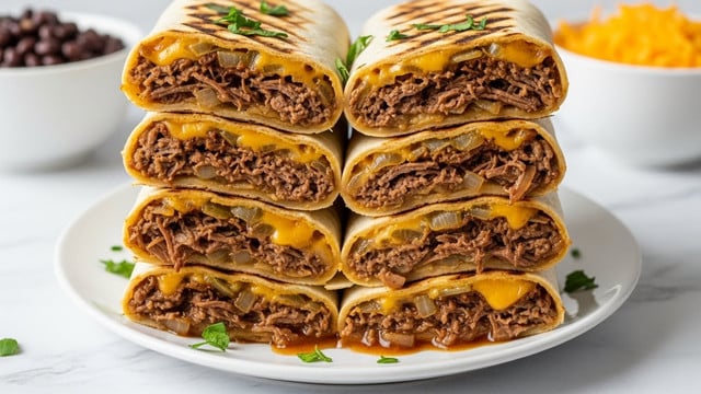 A stack of five grilled wraps is neatly arranged on a white plate set on a white marbled texture surface; each wrap shows a browned, crispy tortilla exterior with some char marks and is garnished with small parsley pieces on top. The wraps are filled with layers of stringy, melted yellow cheese and shredded brown beef that looks tender and juicy, along with translucent cooked onions. There is some shiny brown sauce dripping out from the open ends of the wraps. In the background, blurred, there is a white bowl with black beans and another white bowl filled with shredded orange cheese. Photo taken with an iphone --ar 4:5 --v 7
