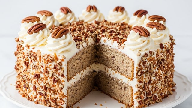 A two-layer round cake with light brown, nut-speckled sponge visible in the cut section is covered with thick, creamy white frosting. The sides and top are generously coated with toasted coconut flakes that add texture and a mix of brown and white colors. Large dollops of white frosting are piped evenly around the top edge, each resting on a small cluster of pecan halves. Additional pecan pieces are sprinkled over the top surface of the cake, adding dark brown contrast. The cake sits on a white plate with a slightly ruffled edge, placed on a white marbled surface. Photo taken with an iphone --ar 4:5 --v 7