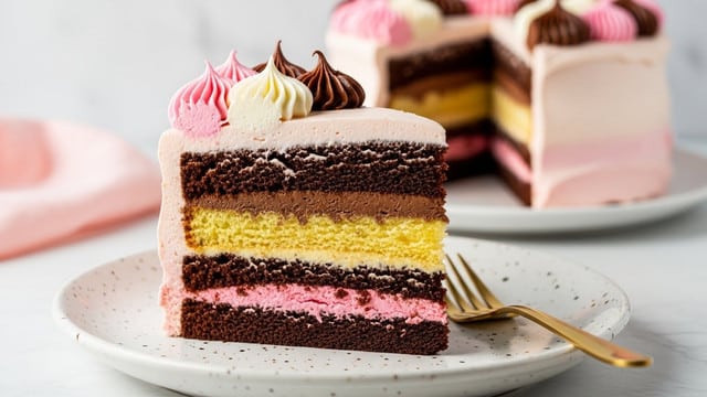 A slice of layered cake on a white speckled plate with a gold fork to the right. The cake has five main layers: the bottom is dark brown chocolate sponge, followed by a light pink cream layer, then a pale yellow sponge layer, another light pink cream layer, and a top dark brown chocolate sponge. The cake is covered on the sides with light pink cream. The top layer of the cake is light cream with piped frosting dollops in three colors: pink on the left, white in the middle, and rich chocolate brown on the right. The background is a white marbled texture with a blurred whole cake with a pink outer layer in the distance. photo taken with an iphone --ar 4:5 --v 7
