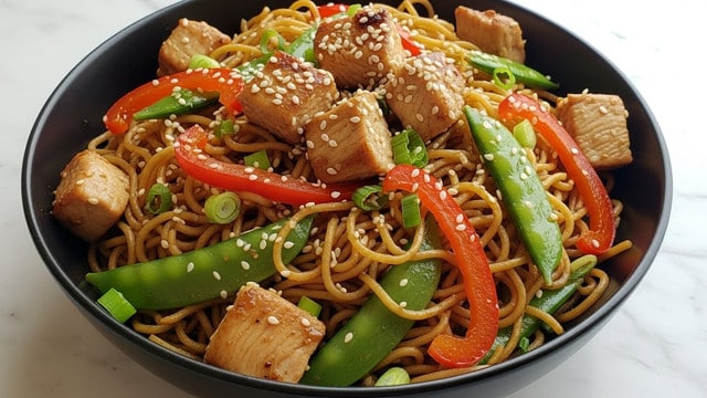 A black bowl filled with a colorful stir-fried noodle dish, showing about three layers: the base layer is thin, golden-brown noodles with a shiny, slightly oily texture, mixed thoroughly with bright green snap peas and small pieces of chopped green onions; scattered across the noodles are juicy, light brown chicken chunks with a smooth surface, and thin red bell pepper strips adding a pop of vibrant color. The dish is sprinkled with tiny white sesame seeds on top, giving a textured finish. The bowl sits on a white marbled surface with natural light coming from the right side, creating soft shadows and highlights on the food, photo taken with an iphone --ar 4:5 --v 7