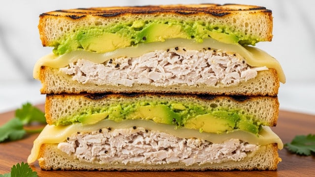 A close-up view of a grilled sandwich cut in half and stacked, showing three main layers between two slices of golden-brown toasted bread with dark grill marks. The bottom layer inside the sandwich is shredded white chicken, topped with a smooth, melted cheese layer that has a few specks of black pepper. Above the cheese is a bright green, chunky mashed avocado layer, spread evenly. The sandwich is placed on a wooden board with a few green cilantro leaves scattered around. The background has a soft focus with a white marbled texture. Photo taken with an iphone --ar 4:5 --v 7