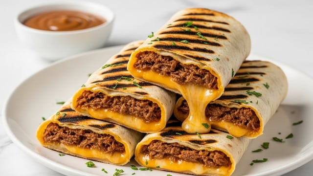 Four rolled tortillas stacked on a white plate, each with a browned, crispy outer layer showing dark grill marks. Inside, there are two clear layers: a shredded dark brown meat filling and a melted, gooey, yellow cheese that oozes slightly out of the edges. The tortillas are sprinkled with small green herb pieces. A small white bowl of brown dipping sauce with a smooth surface is placed in the background on a white marbled surface. photo taken with an iphone --ar 4:5 --v 7