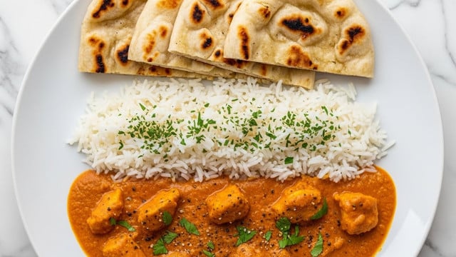 This dish shows a white plate with three main parts: at the top, there are four pieces of folded naan bread with light brown grilled spots on a white marbled surface; in the middle, a mound of white rice sprinkled with small green herb bits; and at the bottom, a thick orange curry with chunks of meat or vegetables, dotted with black pepper flakes and green herbs. The food looks fresh and colorful with a smooth texture in the curry and fluffy texture in the rice. photo taken with an iphone --ar 4:5 --v 7