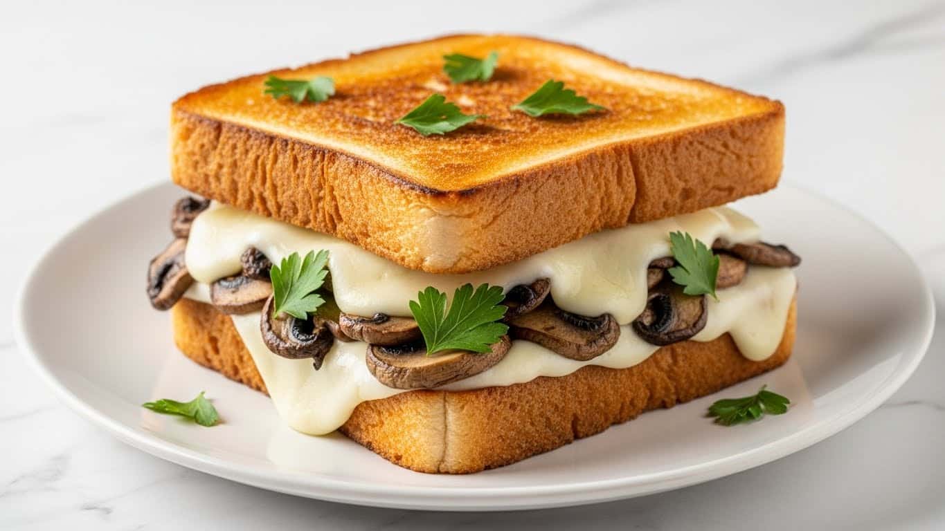 A thick sandwich with three main layers: the top and bottom layers are golden brown toasted bread with a crispy texture, the middle layer is melting white cheese that oozes over the edges, and between the cheese layers are cooked brown mushrooms scattered evenly, adding a soft texture. The sandwich is garnished on top with small bright green parsley leaves. It sits on a simple white plate, all placed on a white marbled surface. photo taken with an iphone --ar 4:5 --v 7