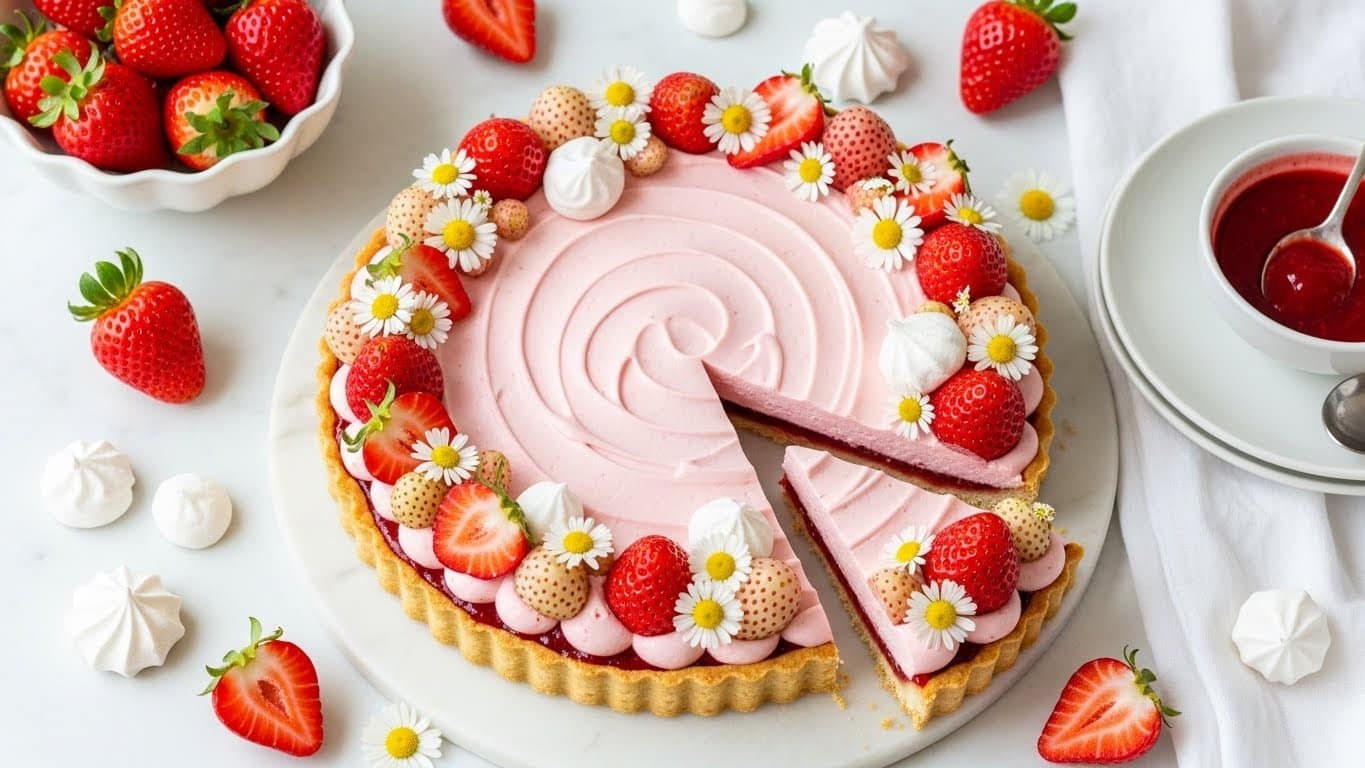 The image shows a round tart with a pale golden crust as the base layer, topped with a thick, smooth light pink cream layer that covers the tart evenly. Around the edge, there are whole and halved red and pale white strawberries, along with small white meringue kisses and tiny white daisy flowers with yellow centers, decorating the top. Two slices are cut from the tart, showing a thin red jam layer just above the crust beneath the pink cream. The tart is placed on a white marbled surface, surrounded by scattered strawberries, meringues, and daisies. Nearby, a white scalloped bowl holds more red and white strawberries, and a white plate with a small white bowl filled with red sauce and a spoon sits on a white cloth. Photo taken with an iphone --ar 4:5 --v 7