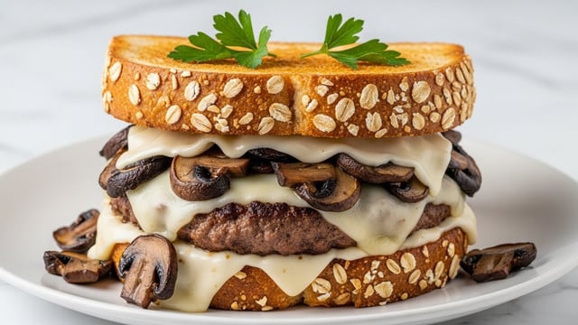 A thick sandwich with three main layers sits on a white plate: the top layer is a toasted golden brown bread slice with a crispy surface and small oats, garnished with bright green parsley leaves; underneath is a thick layer of melted white cheese oozing over sautéed dark brown mushroom slices scattered unevenly; the bottom layer contains a juicy cooked beef patty, covered by more melted cheese and mushrooms spilling slightly over the edges. The sandwich looks rich and gooey, set against a white marbled surface. photo taken with an iphone --ar 4:5 --v 7