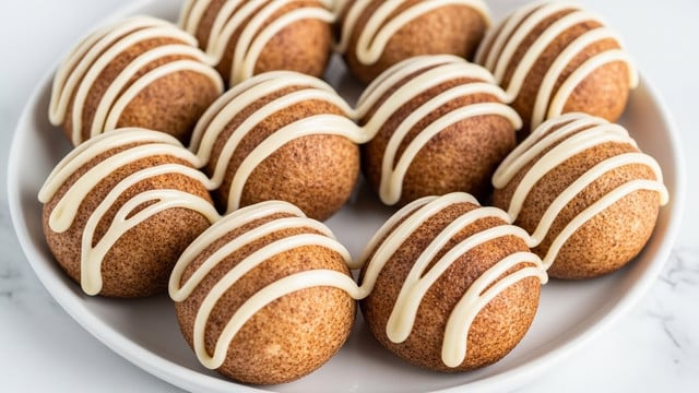A white round plate is filled with two layers of small, round cinnamon balls. Each ball is coated with brown cinnamon sugar, giving a grainy texture, and is topped with thick white icing drizzled in lines across the surface. The balls in the front are clear, showing the texture and icing in detail, while the ones in the back are slightly out of focus. The plate sits on a white marbled surface. photo taken with an iphone --ar 4:5 --v 7