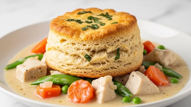 The dish shows a thick, golden-brown biscuit sitting on top of a creamy chicken and vegetable stew. The biscuit is flaky and layered, topped with small green herb pieces. Below the biscuit, the stew contains chunks of tender white chicken, bright orange carrot pieces, and green peas in a light, creamy sauce that fills the bottom of the shallow white plate. The scene has a warm tone with the dish close up, placed on a white marbled surface. photo taken with an iphone --ar 4:5 --v 7