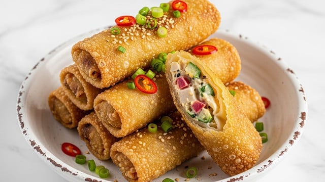 A stack of five crispy spring rolls is placed on a white bowl with a rustic look. The spring rolls are golden brown and have a bubbly, crunchy texture on the outside. One spring roll is cut in half, revealing a creamy filling with small pieces of red, green, and white ingredients inside. The rolls are garnished with finely chopped green onions and small red chili flakes scattered on top. There is a light sprinkle of sesame seeds adding extra detail. The background is a white marbled surface. Photo taken with an iphone --ar 4:5 --v 7