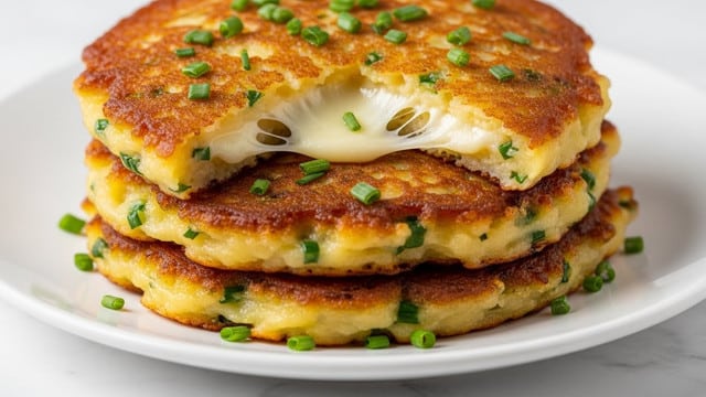 A close-up view of a stack of three golden brown potato pancakes with crispy edges and a melted cheese layer visible inside the top pancake, showing gooey, stretchy cheese pulling apart gently. The pancakes have small green bits of chives mixed throughout and are on a white plate placed on a white marbled surface. The top pancake is partially broken to reveal the melted cheese and soft inside, with scattered chives on top adding a fresh green color contrast. Photo taken with an iphone --ar 4:5 --v 7