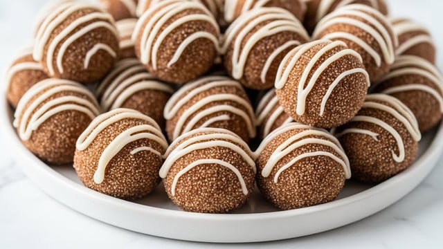 A white round plate filled with eight small round dough balls, each coated in a light brown cinnamon speckled layer and generously drizzled with creamy white icing in thick lines across the top. The dough balls have a slightly shiny texture under the icing, suggesting softness, and they are closely packed together, with the plate set on a white marbled surface. photo taken with an iphone --ar 4:5 --v 7