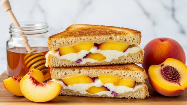 The image shows a close-up of two grilled cheese sandwiches stacked on a wooden board with a white marbled texture background. One sandwich is cut in half and stacked, with the top half slightly angled, showing three visible layers inside: a golden-brown toasted bread layer on top with a crisp texture, a middle layer of melted white cheese mixed with juicy peach slices adding a yellow-orange and purple contrast, and the bottom golden toasted bread layer. The second sandwich is whole but slightly open, revealing the same filling. Fresh peach slices and one whole peach are placed beside the sandwiches along with a small glass jar of honey with a wooden honey dipper resting inside. Photo taken with an iphone --ar 4:5 --v 7