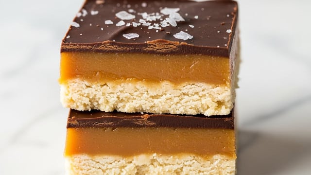 The image shows a close-up of a stacked dessert bar with three clear layers. The bottom layer is thick, pale beige, and crumbly like a shortbread base. The middle layer is a smooth, thick caramel in a rich golden brown color. The top layer is a glossy, dark chocolate layer with some texture on the surface. Some pieces of flaky salt are sprinkled on the chocolate layer, adding a shiny, white contrast. The background is a white marbled surface. photo taken with an iphone --ar 4:5 --v 7