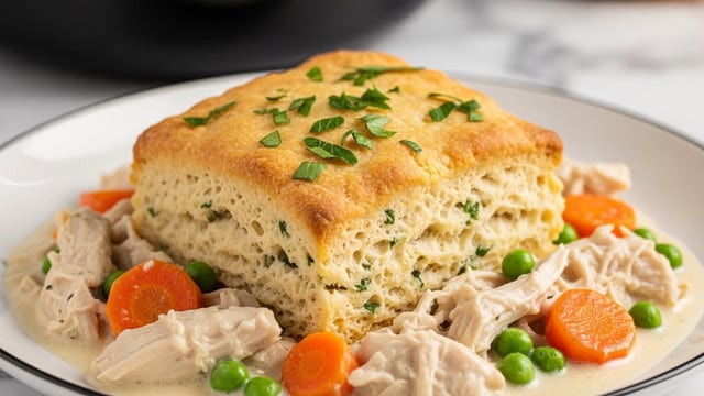The dish shows a thick square piece of golden-brown biscuit with a slightly rough texture and fresh green parsley flakes sprinkled on top. The biscuit rests on a creamy mixture of shredded chicken, bright orange carrot pieces, and green peas, all sitting on a shallow white plate with a thin dark rim. The creamy sauce looks smooth and light, gently surrounding the chunky vegetables and chicken. The image is close-up with warm lighting and a soft focus on the background, which shows a dark pot and a white marbled surface. photo taken with an iphone --ar 4:5 --v 7