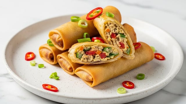 A close-up image shows four golden brown spring rolls stacked on a round white plate with a slightly rustic texture. The crispy spring rolls are filled with a mix of creamy, light-colored filling with visible bits of red and green vegetables inside. The rolls are sprinkled with finely chopped green onions and small pieces of red chili on top, adding bright color contrasts. The plate sits on a white marbled surface that adds a clean, elegant look to the background. Photo taken with an iphone --ar 4:5 --v 7