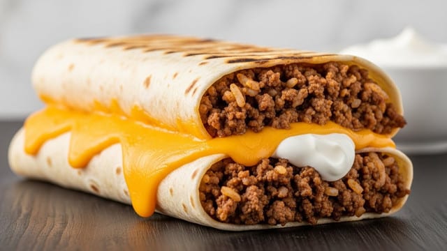 A close-up of a folded burrito resting on a dark wooden surface, with a white marbled texture background. The burrito has three visible layers: a soft, toasted tortilla on the outside with light brown char marks, a middle layer of melted golden cheddar cheese covering the top and oozing slightly down the sides, and a filling of cooked ground beef mixed with rice and spices, dark brown and textured, peeking out from the burrito's open end. Inside the filling, there is a small dollop of white sour cream adding contrast. In the blurred background, there is a white bowl filled with sour cream. Photo taken with an iphone --ar 4:5 --v 7