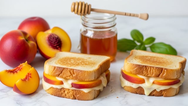 The image shows two toasted sandwiches with a golden-brown crust on a white marbled texture surface. Each sandwich contains a visible layer of melted cheese and slices of peach inside soft white bread. Behind the sandwiches, there is a small glass jar filled with honey and a wooden honey dipper resting on it, with a few fresh green basil leaves nearby. To the left of the sandwiches, whole and sliced peaches with bright orange and red colors are placed on the surface. The scene captures a fresh and warm look with natural lighting. photo taken with an iphone --ar 4:5 --v 7