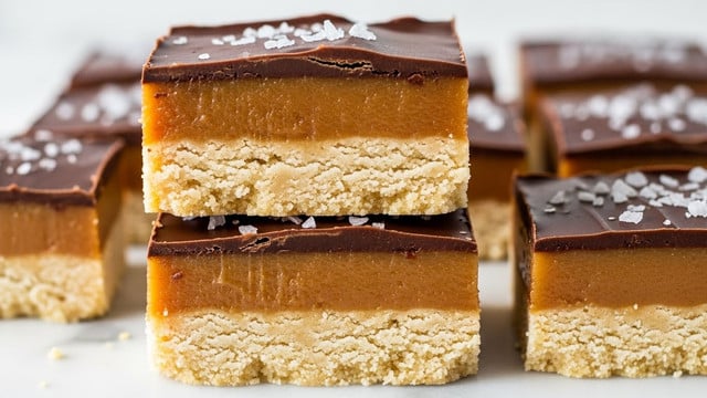A close-up image of a layered dessert bar showing three distinct layers: the bottom layer is a thick, pale beige crumbly shortbread base with a slightly rough texture, the middle layer is a smooth, rich caramel colored filling, and the top layer is a glossy dark brown chocolate coating sprinkled with coarse white sea salt flakes. One piece is cut and stacked on top of the other bars, clearly showing the thickness and texture of each layer. The dessert bars are set against a white marbled surface. Photo taken with an iphone --ar 4:5 --v 7