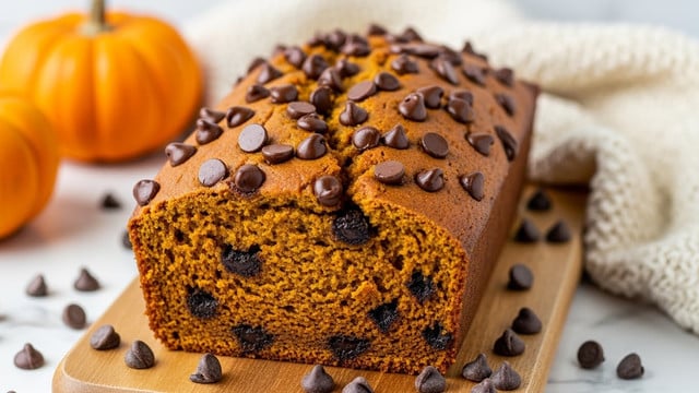 A close-up of a loaf of pumpkin bread with chocolate chips on top and inside the soft, moist orange-brown bread. The loaf sits on a wooden cutting board with extra chocolate chips scattered around it. In the background, there is a small orange pumpkin and a creamy white knitted cloth. The scene is set on a white marbled surface. photo taken with an iphone --ar 4:5 --v 7