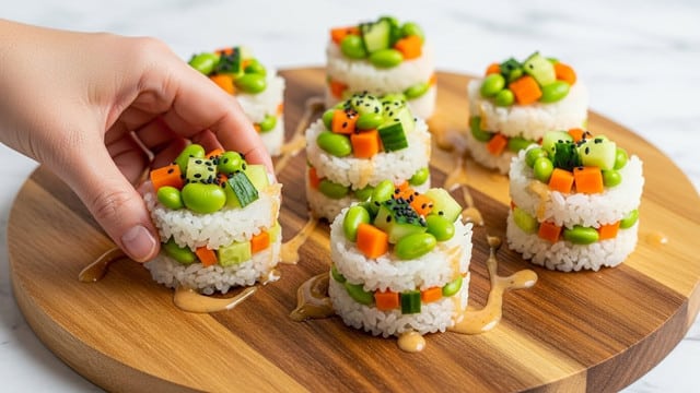 Seven small rice cups are placed on a round wooden board with a smooth finish. Each cup has two layers: the bottom and sides are made of white sticky rice, forming a cup shape, while the inside is filled with a colorful mix of small green edamame beans, orange carrot pieces, and green cucumber cubes. Black sesame seeds are sprinkled over the filling and cup edges. A light brown sauce is drizzled around the cups on the wooden board. A woman's hand is reaching to grab one rice cup. The background shows a white marbled texture. Photo taken with an iphone --ar 4:5 --v 7